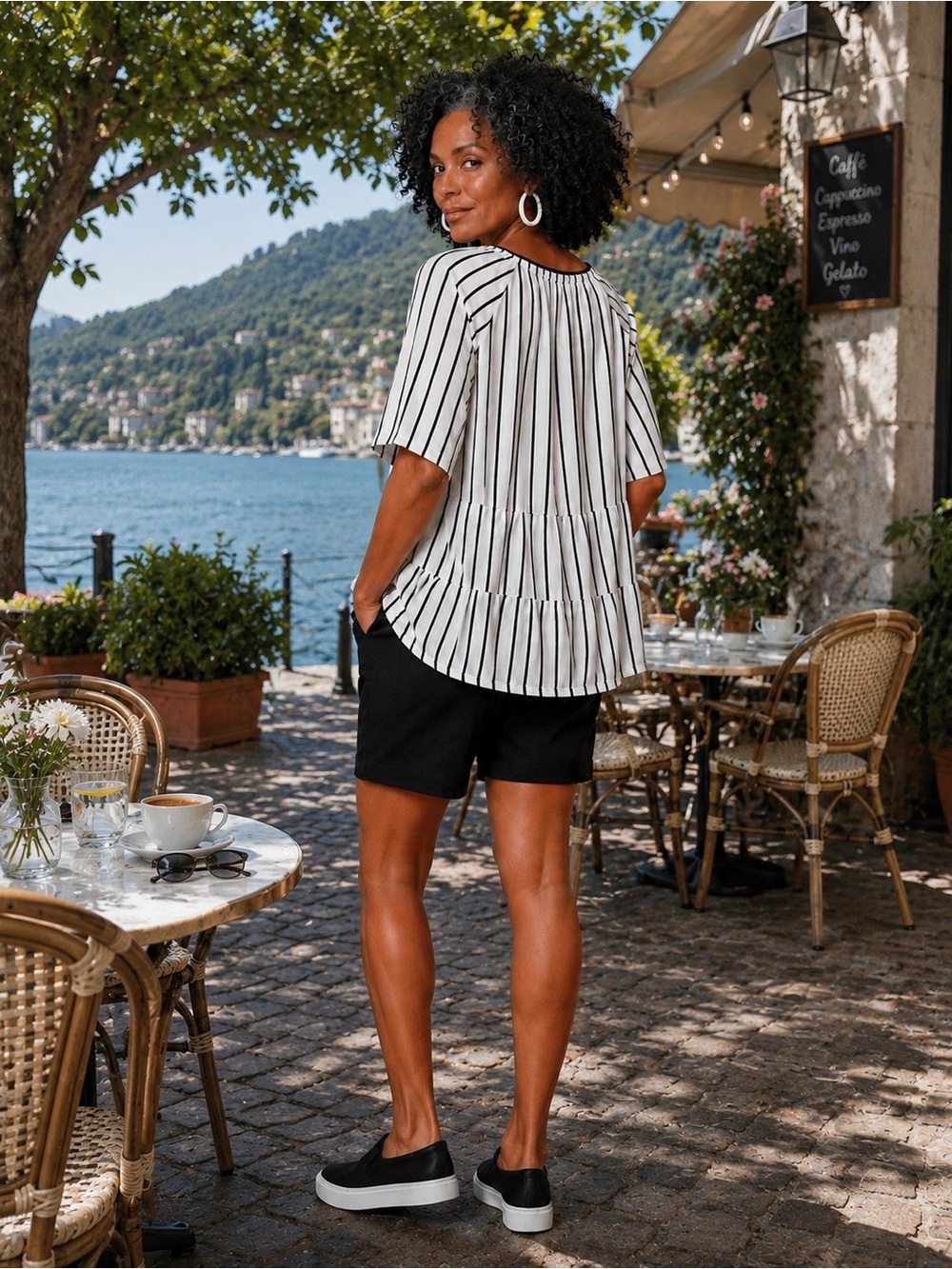 neon buddha White Striped V-Neck Tunic